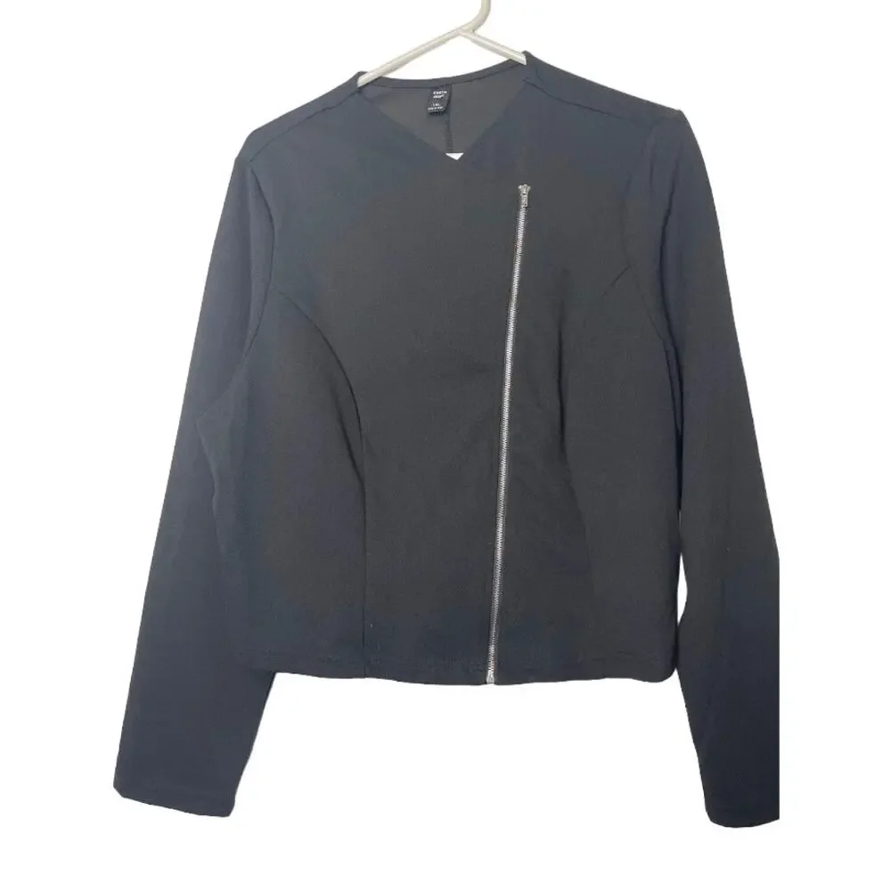Women's Black Moto Jacket Minimalist Diagonal Silver Full Zip Cropped Size 1XL